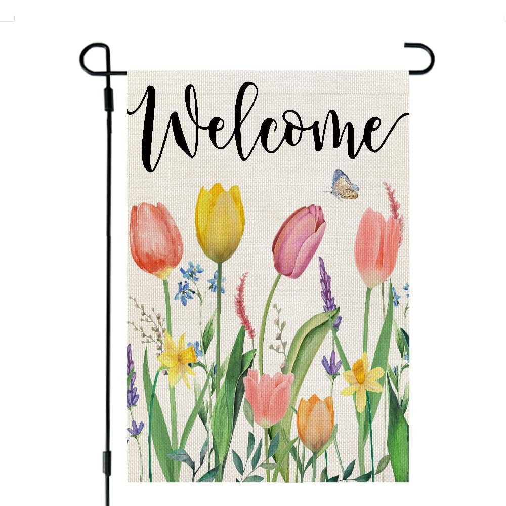 CROWNED BEAUTY spring garden flag with tulips welcomes guests outdoors.