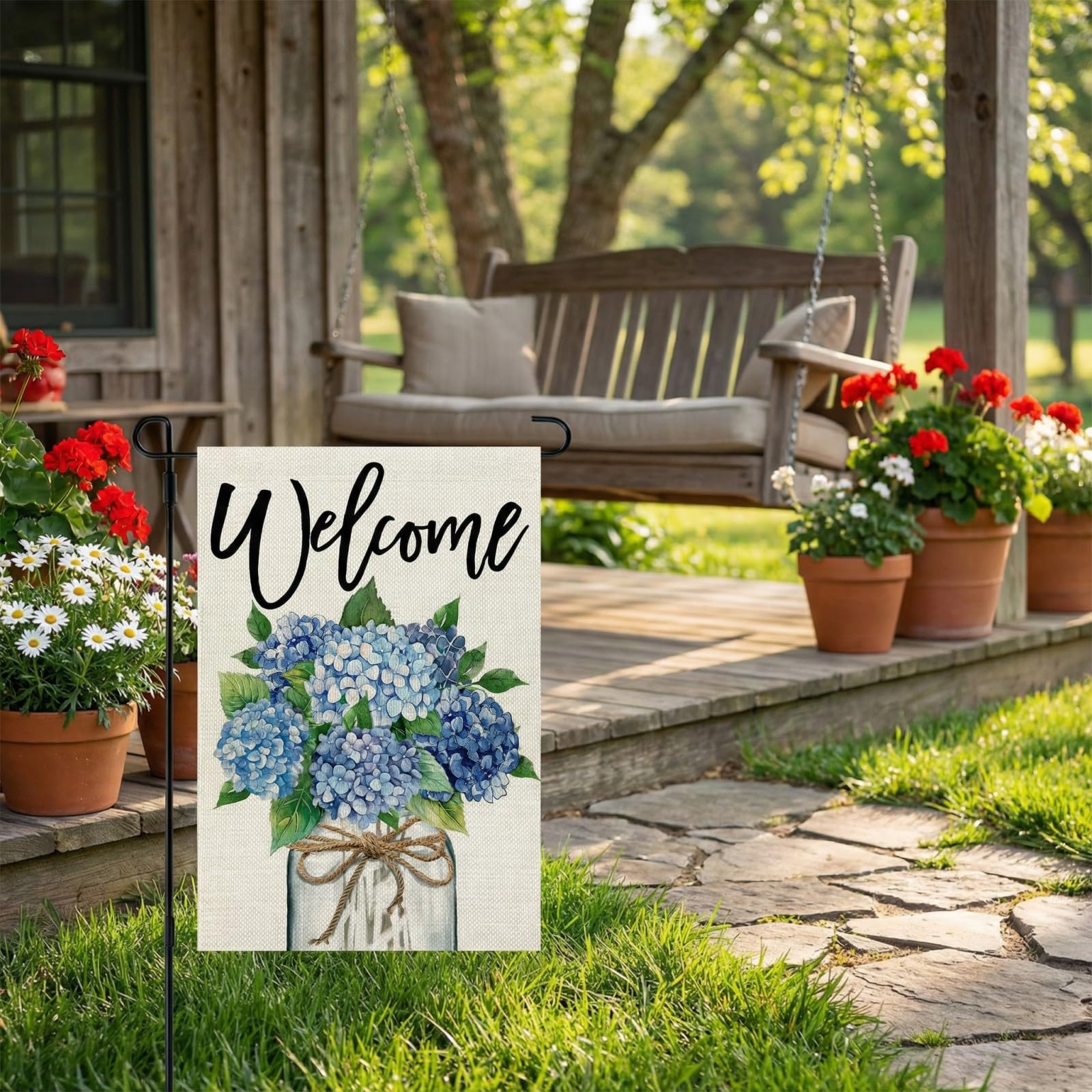CROWNED BEAUTY hydrangea mason jar flag, double-sided visibility for porch or garden