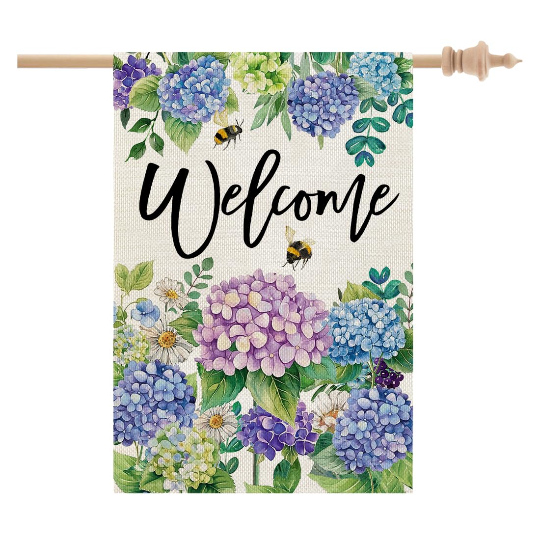 Crowned Beauty spring house flag front view with hydrangea design enhances curb appeal.
