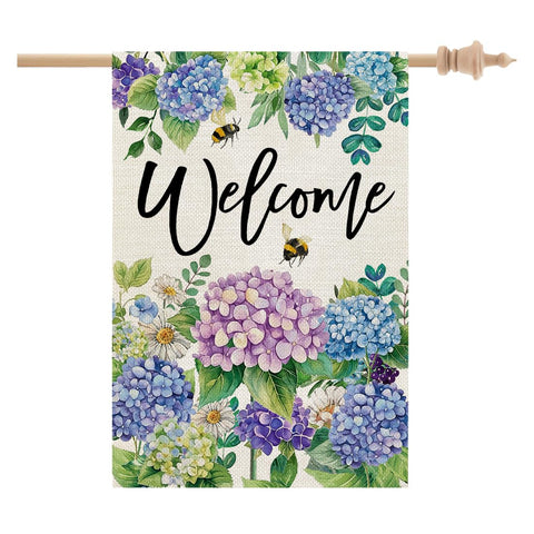 Crowned Beauty spring house flag front view with hydrangea design enhances curb appeal.