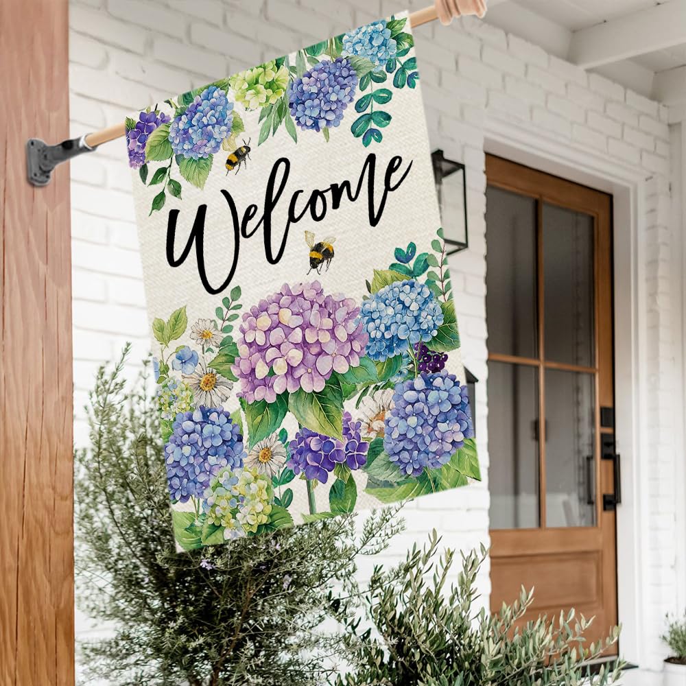 Crowned Beauty flag side angle shows seasonal hydrangea charm for porches.