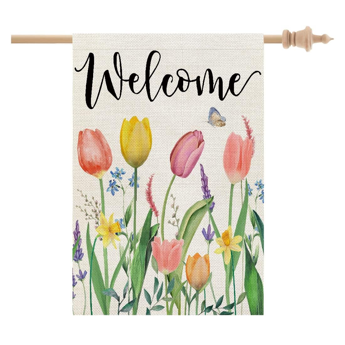 CROWNED BEAUTY spring house flag with tulip design welcomes guests outdoors.