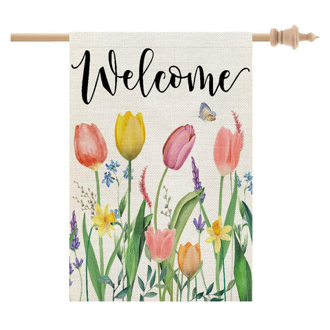 CROWNED BEAUTY spring house flag with tulip design welcomes guests outdoors.