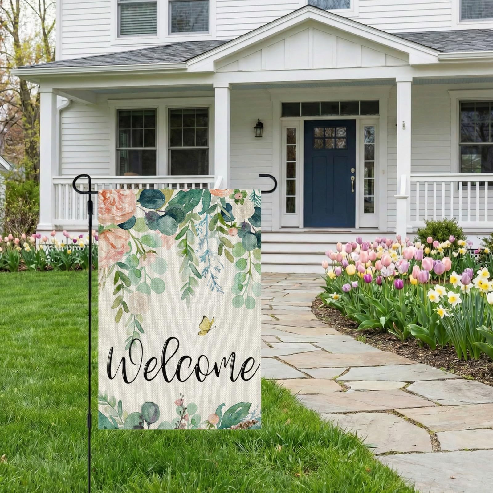 CROWNED BEAUTY Spring Welcome Flag back view showing double-sided design