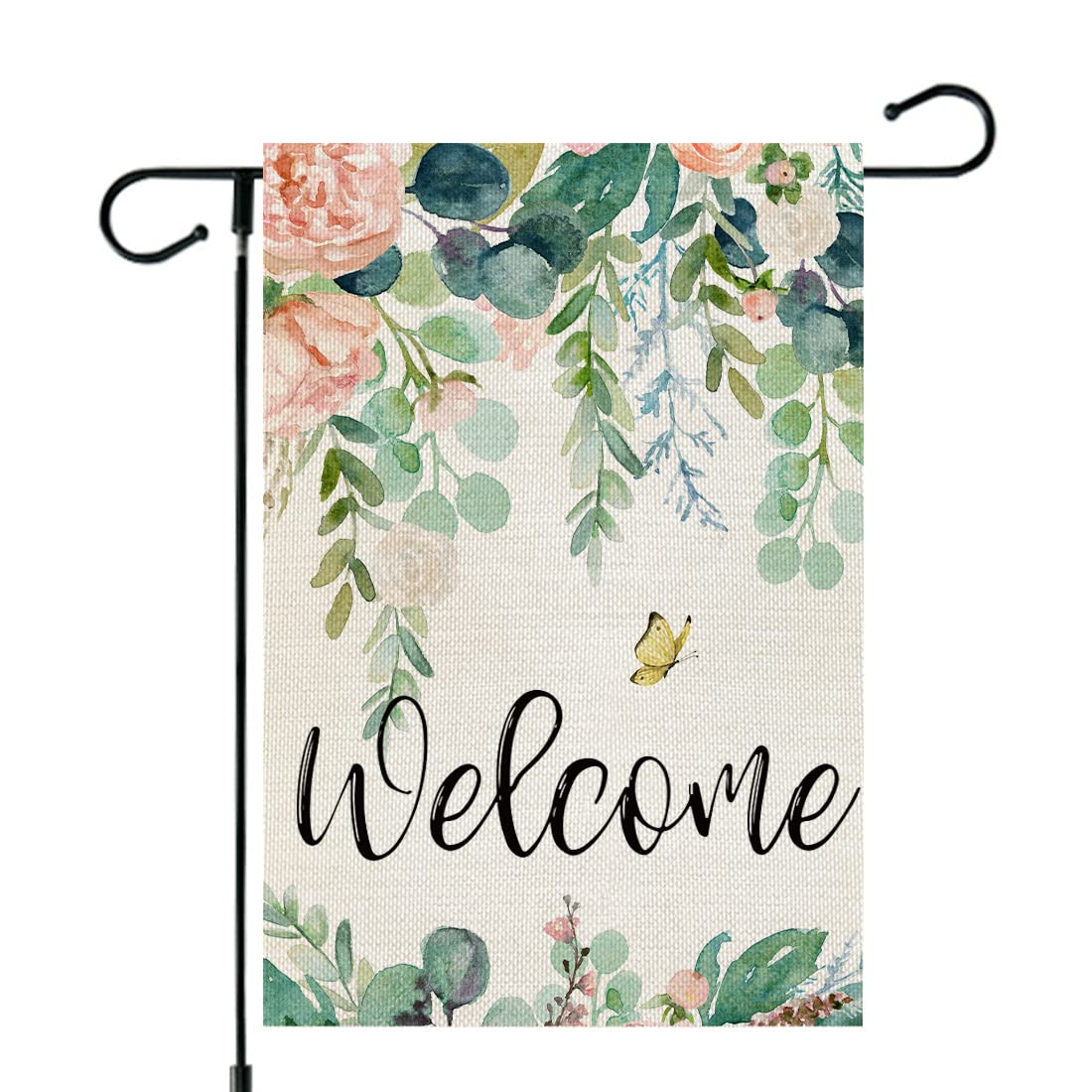 CROWNED BEAUTY Spring Welcome Flag front view with vibrant floral scene for curb appeal