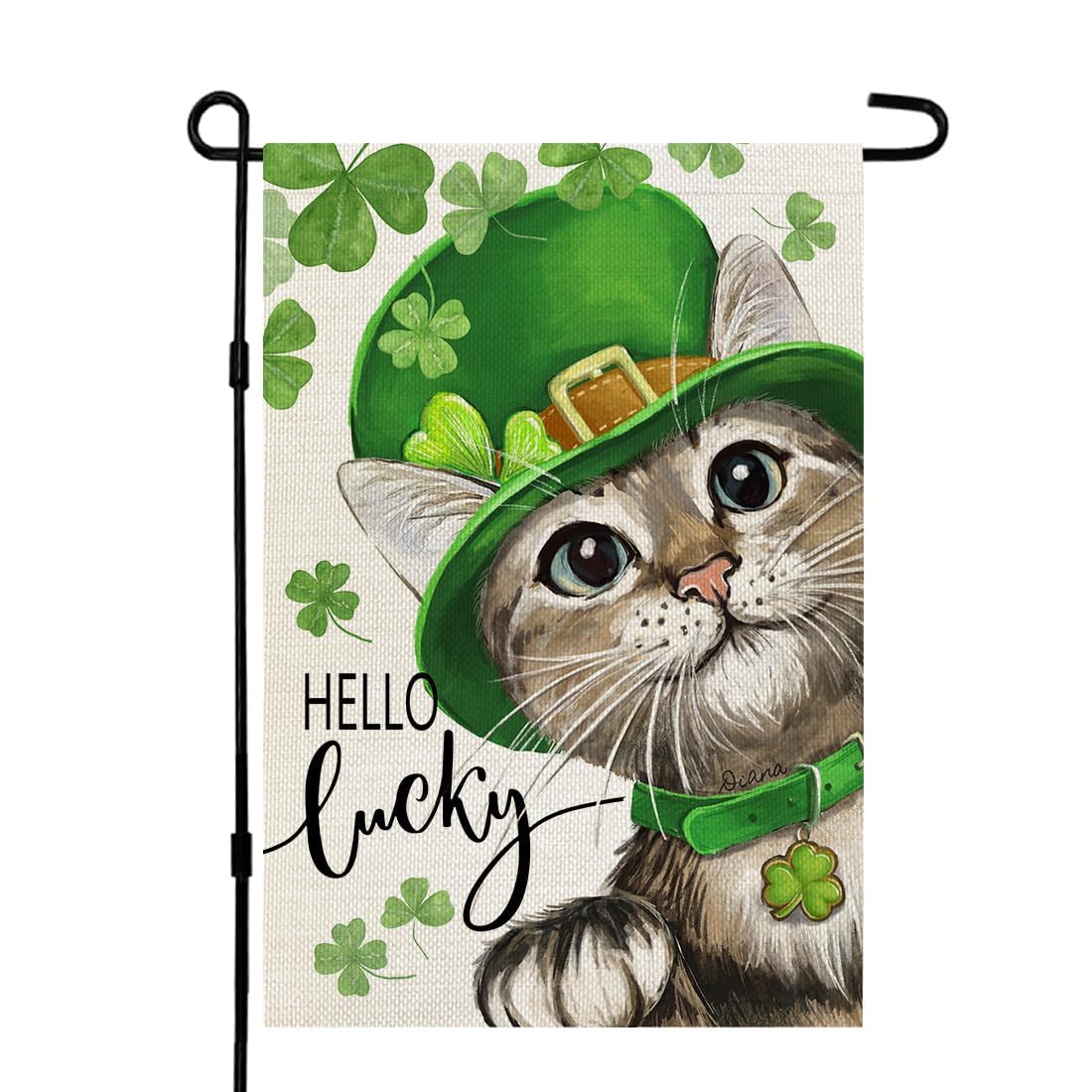 Crowned Beauty St Patrick's Day cat garden flag with shamrock motif for outdoor decor