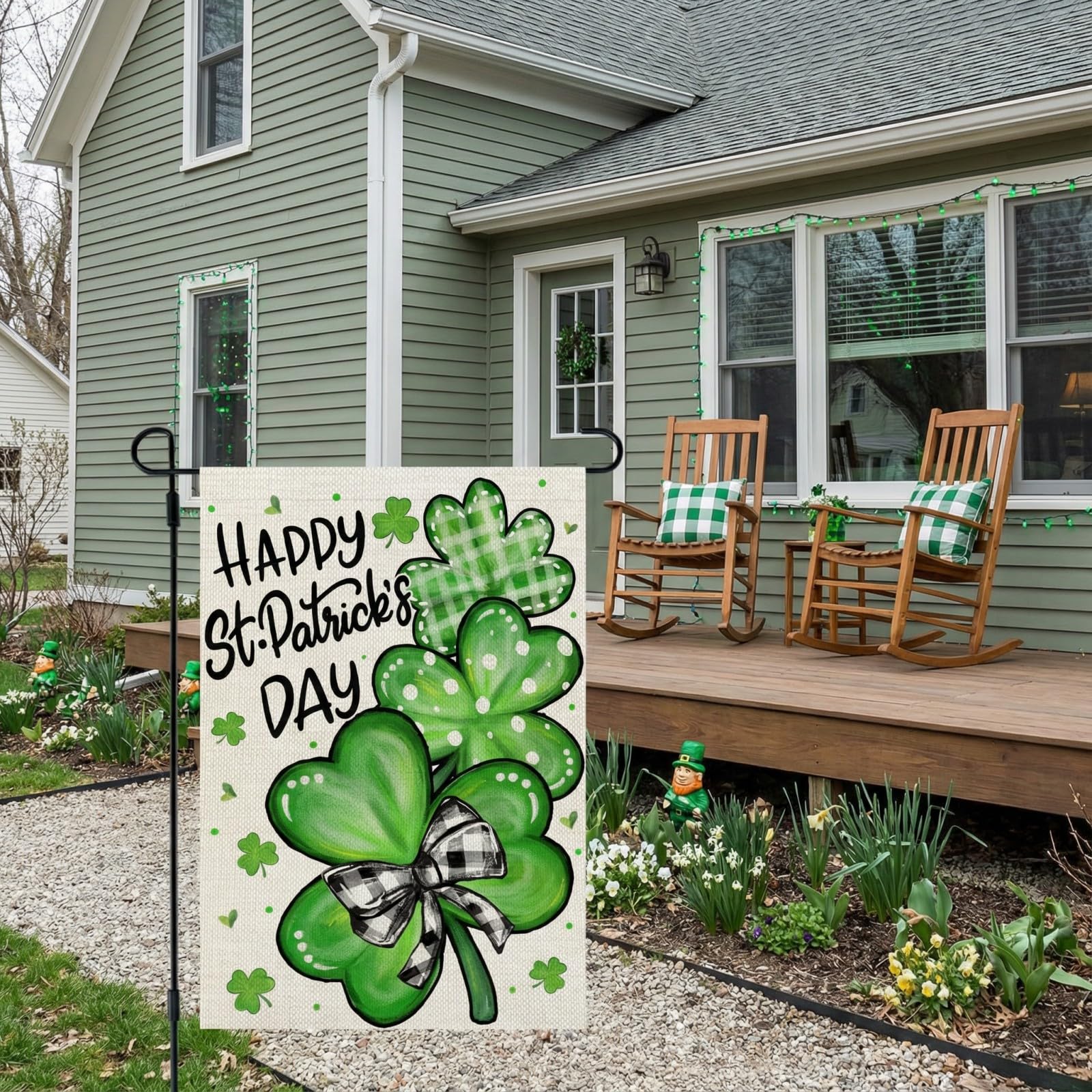 CROWNED BEAUTY flag features green shamrock pattern for yard charm.
