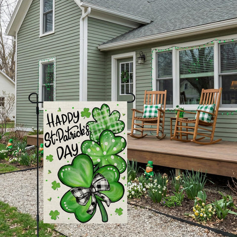 CROWNED BEAUTY flag features green shamrock pattern for yard charm.