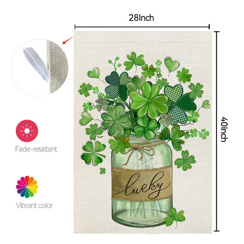 Crowned Beauty flag features green shamrocks and Mason jar motif for seasonal charm.