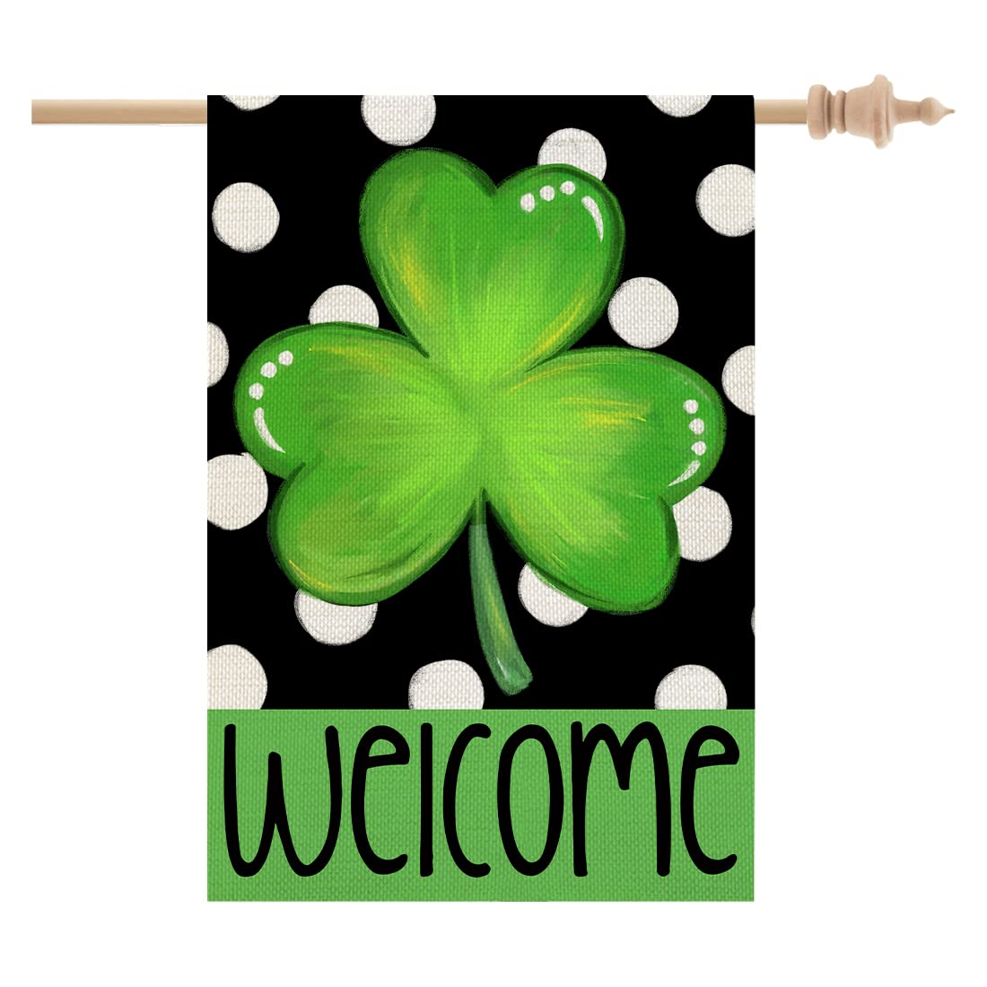 CROWNED BEAUTY St Patrick's Day flag front view enhances outdoor curb appeal with festive shamrock motif.