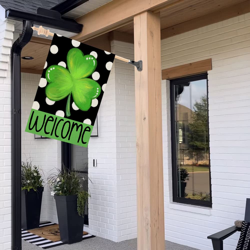 CROWNED BEAUTY shamrock design flag highlights durable outdoor decor and UV resistance.