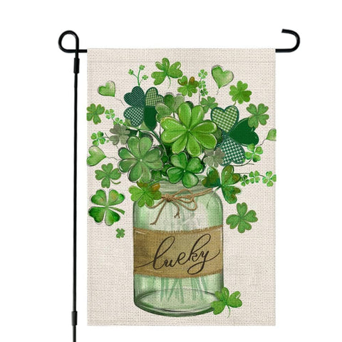 CROWNED BEAUTY St Patrick's Day shamrocks mason jar flag with double-sided display outdoors.