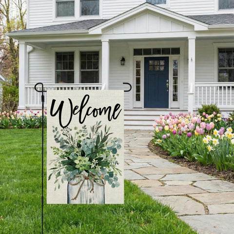 CROWNED BEAUTY vibrant spring flowers and eucalyptus brighten a garden flag.