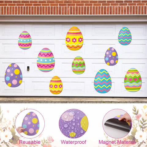 Crtiin Easter eggs on garage door show durable, colorfast holiday charm.