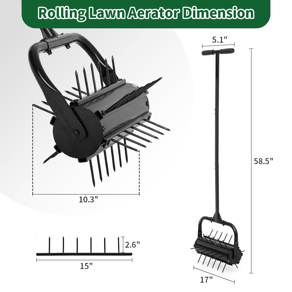 CRUDATE aerator handle and ergonomic grip for comfortable pushing across a lawn.