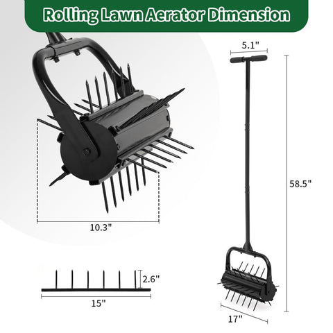 CRUDATE aerator handle and ergonomic grip for comfortable pushing across a lawn.