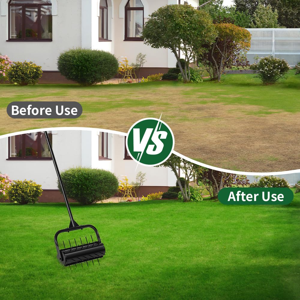 CRUDATE lawn aerator in an outdoor yard scene demonstrating practical use.