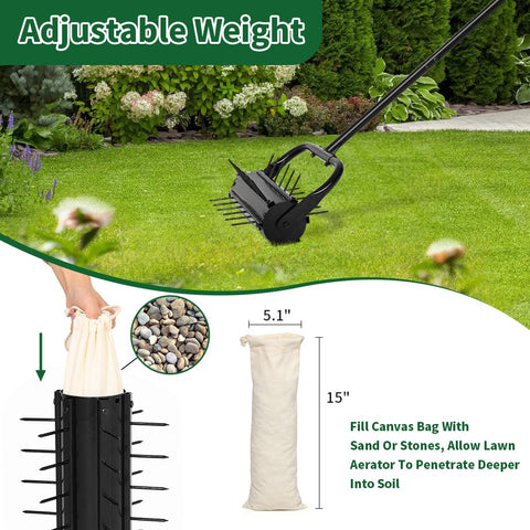 CRUDATE aerator sandbag weight attached for deeper soil penetration in dense areas.