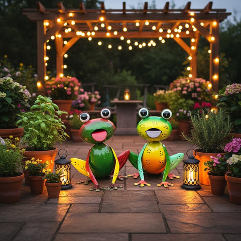 Cruis Cuka frogs eyes close-up emphasizes charming expression and whimsy for porch display