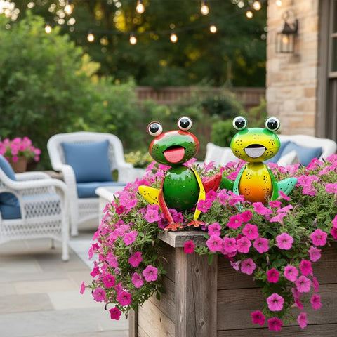 Cruis Cuka metal frogs side view highlights vibrant color for lively yard art