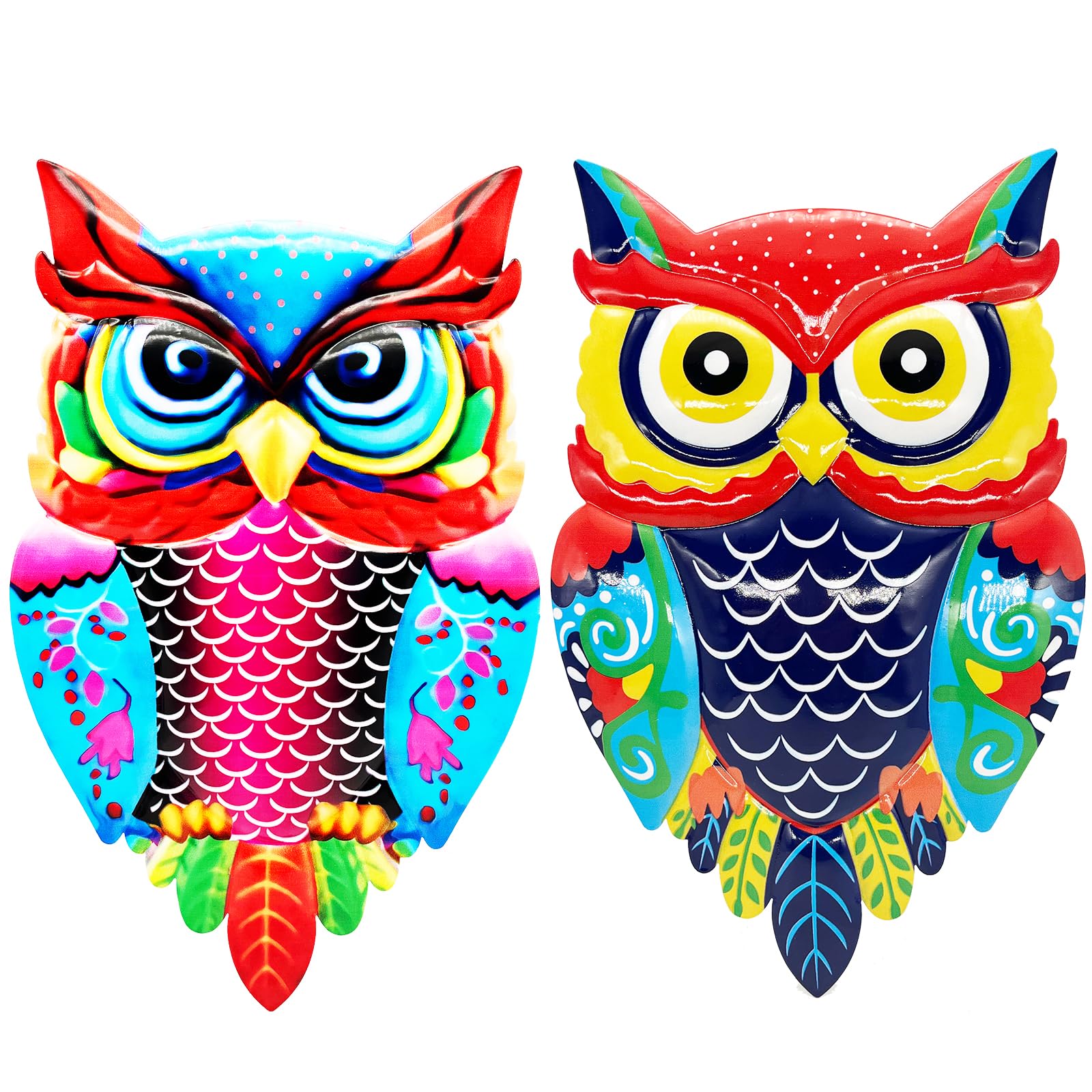 Cruis Cuka metal owl wall art, front view, ideal for garden display and vibrant outdoor accents.