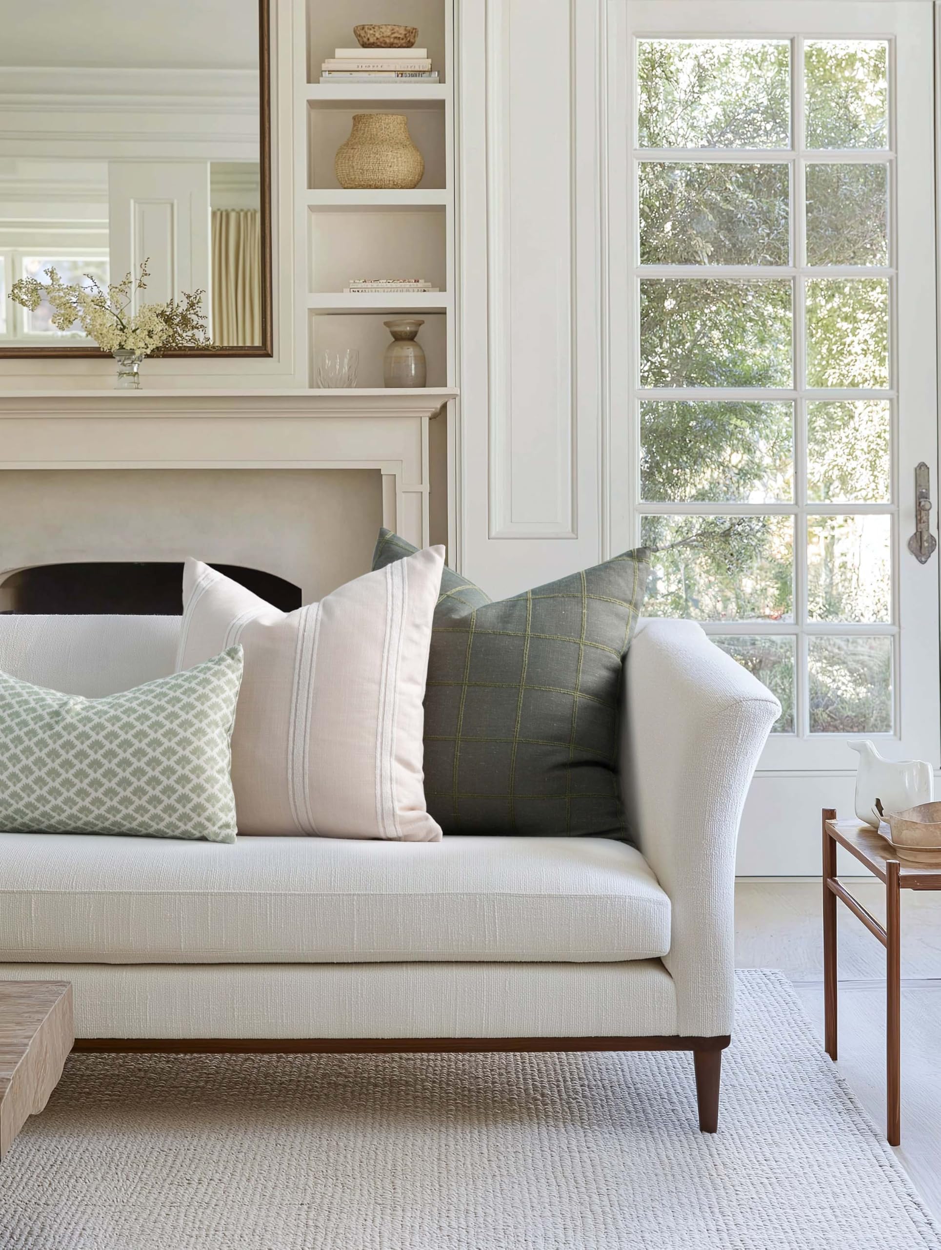 Crumbs Home water-repellent linen pillow cover ideal for outdoor patios and gardens.