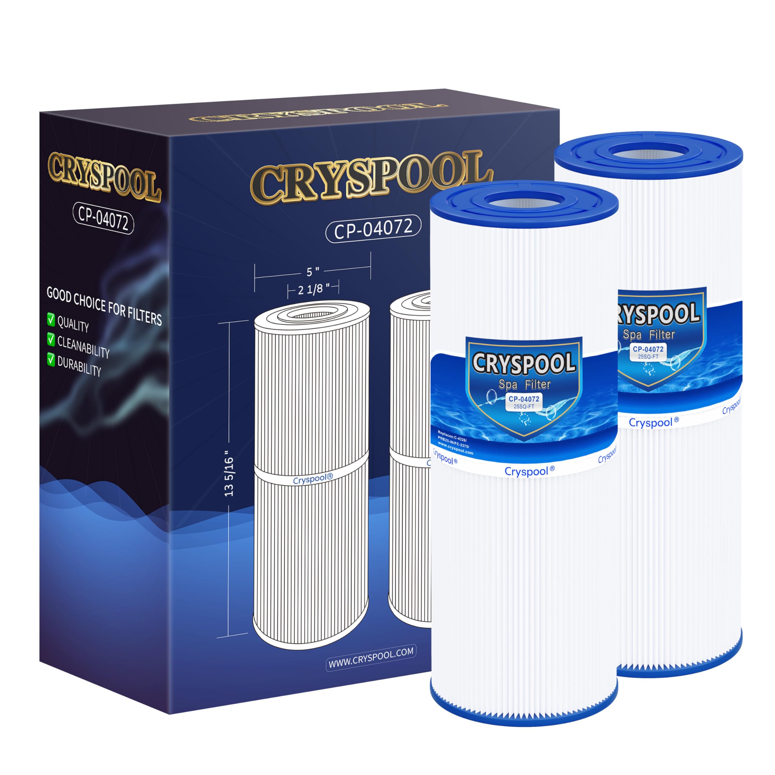 Cryspool 04072 drop-in spa filter pleats improve filtration efficiency.