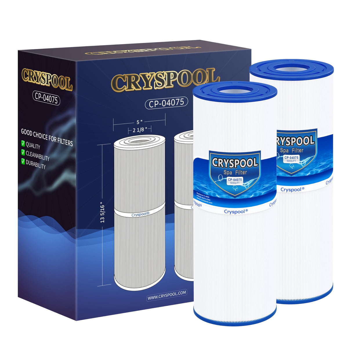 Cryspool 04075 filter side view showing compatibility with spa models