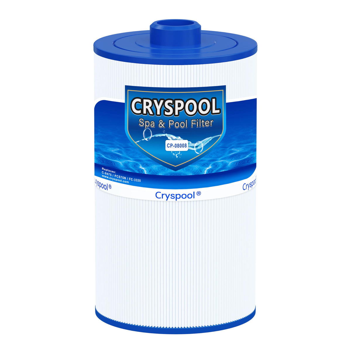 Cryspool 08008 filter assembly close-up with precise PCS75N compatibility
