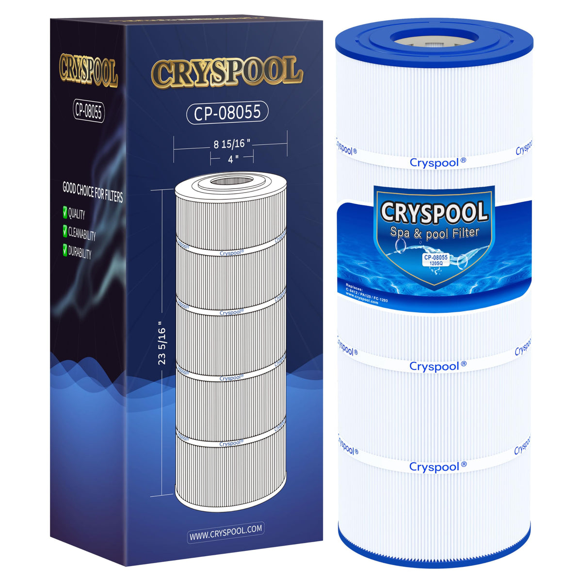 Cryspool 08055 filter cartridge close-up highlighting durable pleats for efficient filtration.