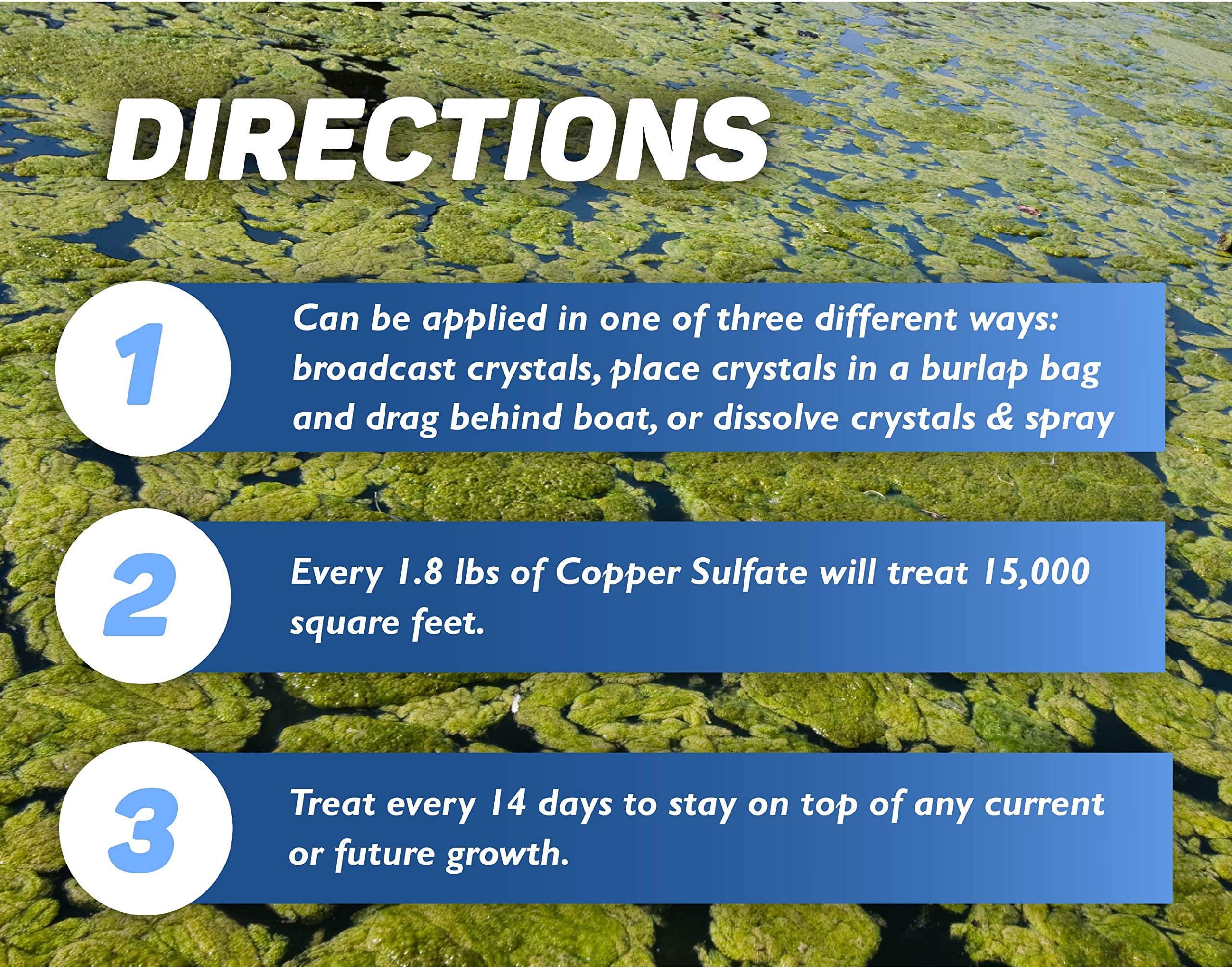 Crystal Blue algae treatment granules dispersing across water surface.