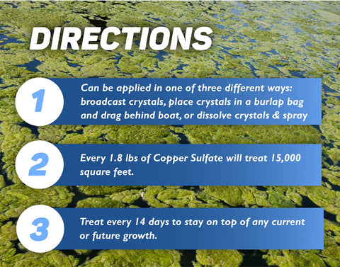 Crystal Blue algae treatment granules dispersing across water surface.