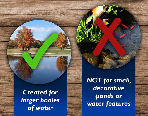 Crystal Blue one-gallon-coverage illustrates pond area treated by a single jug.