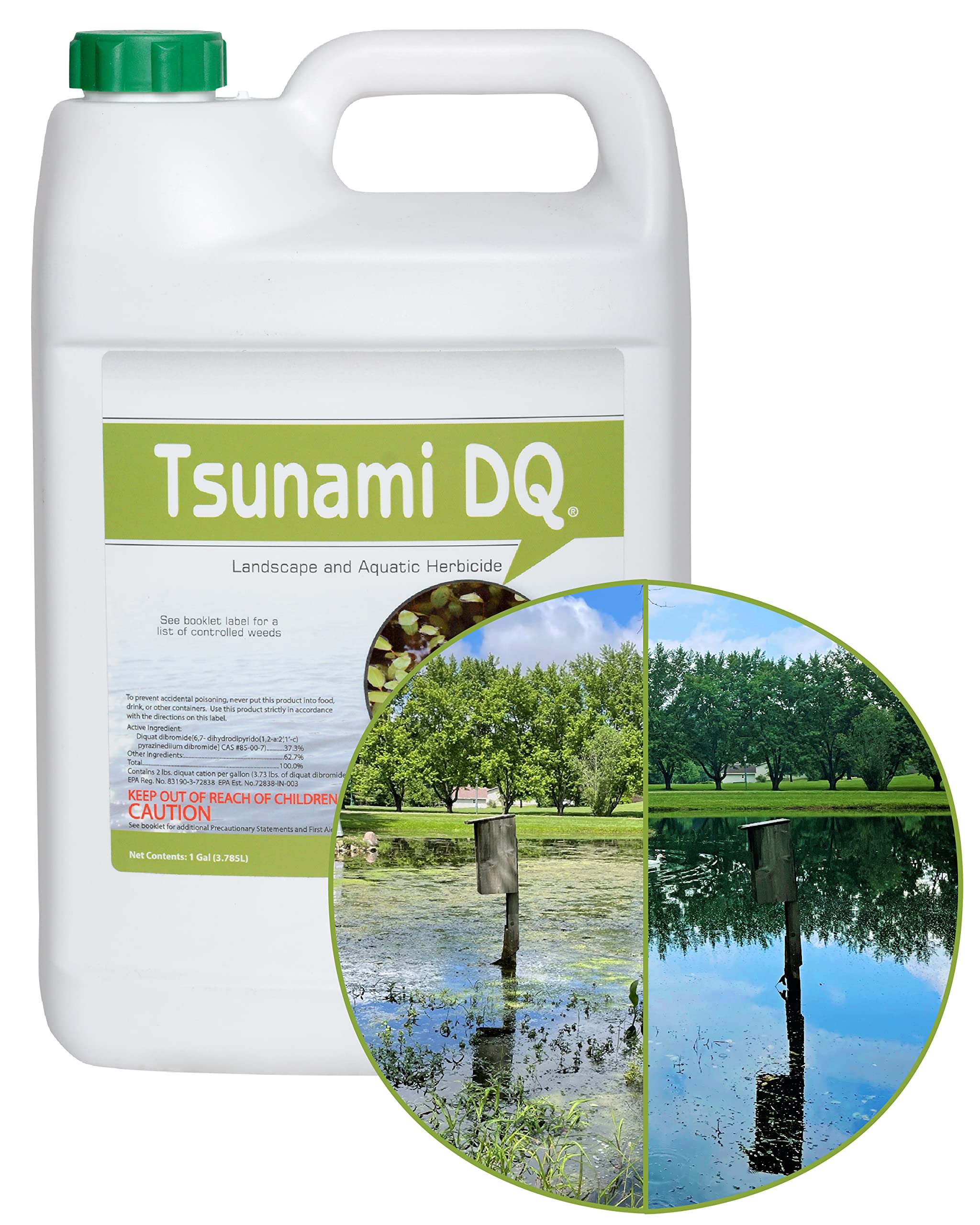 Crystal Blue Tsunami DQ gallon bottle shown for convenient lake and pond treatment.
