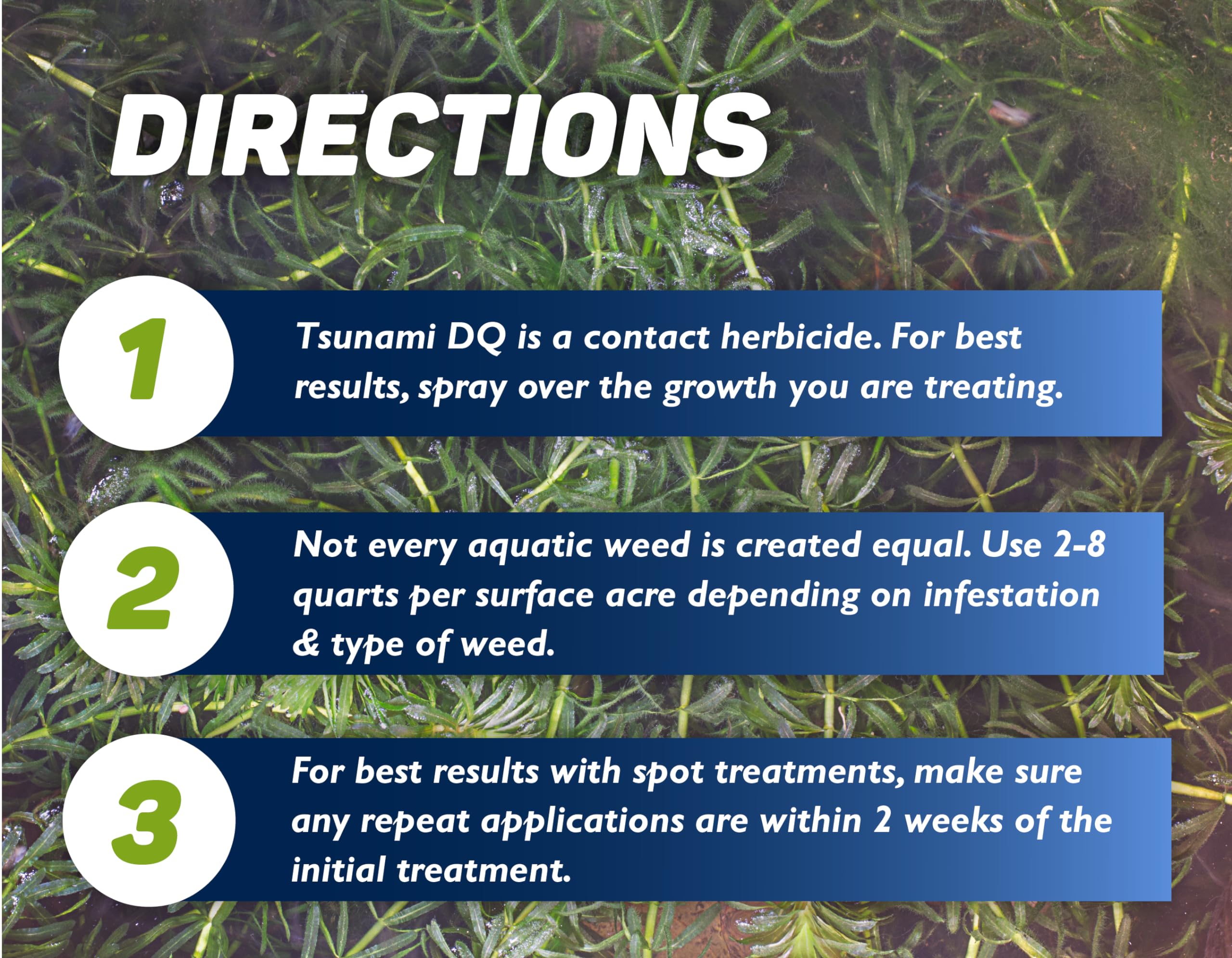 Crystal Blue Tsunami DQ pondweed-kill depiction of deep-water weed management.