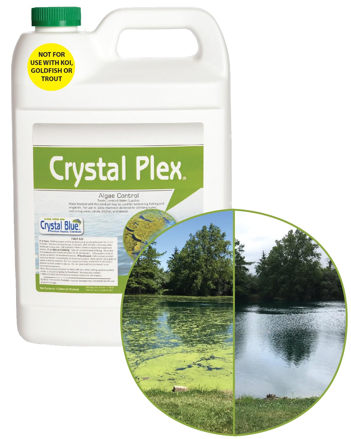 Crystal Plex bottle pour demonstrating easy application for lake algae control.
