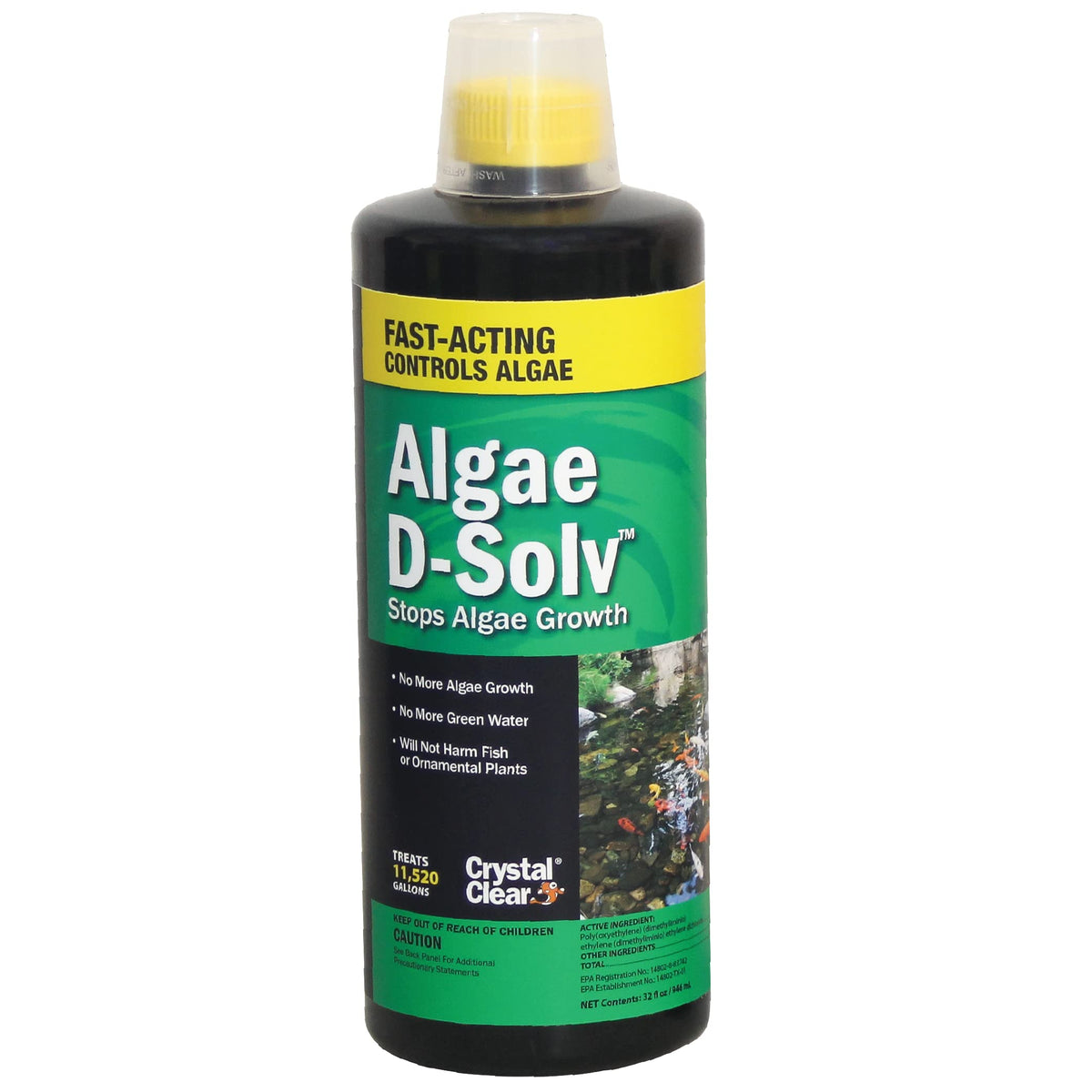 CrystalClear Algae D-Solv bottle pour for quick pond algae control