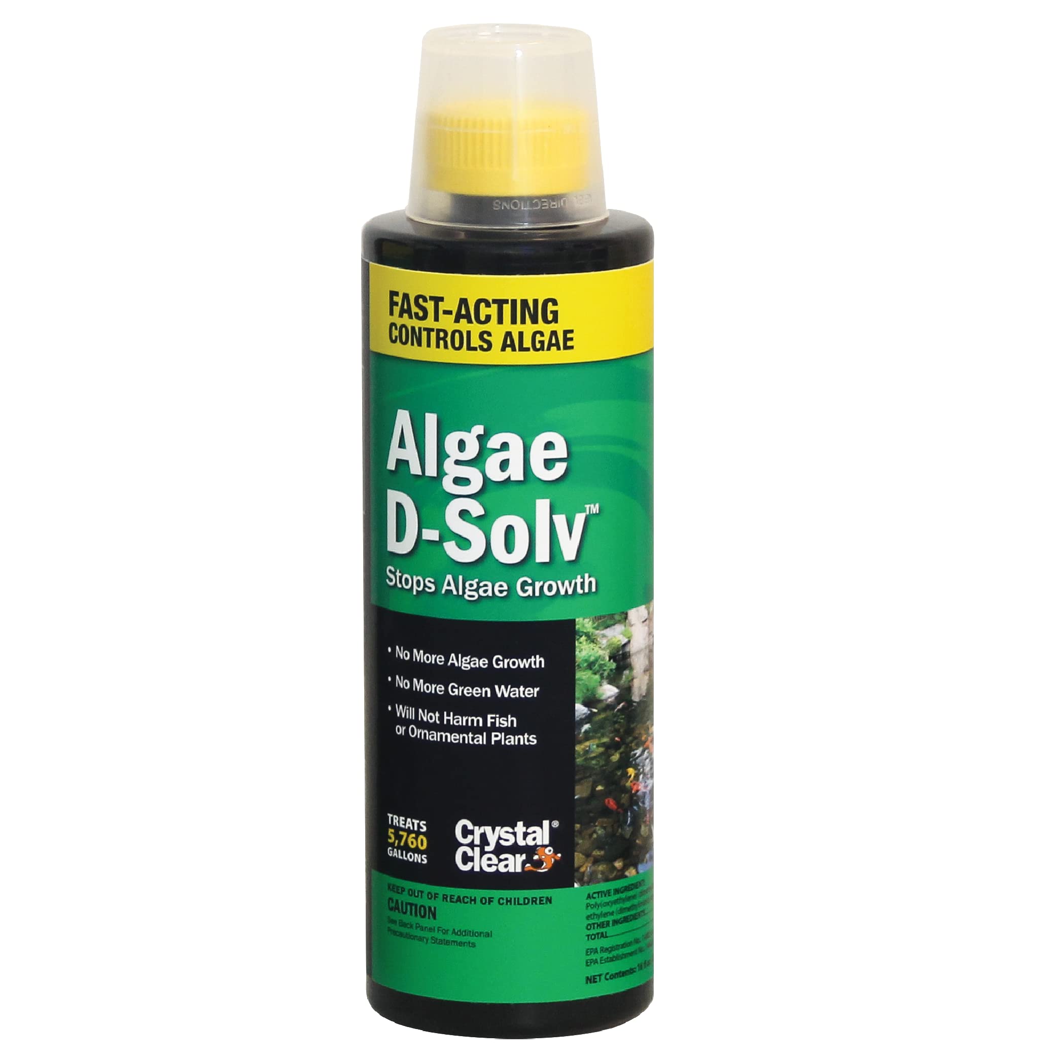 CrystalClear Algae D-Solv bottle pour for easy pond dosing.