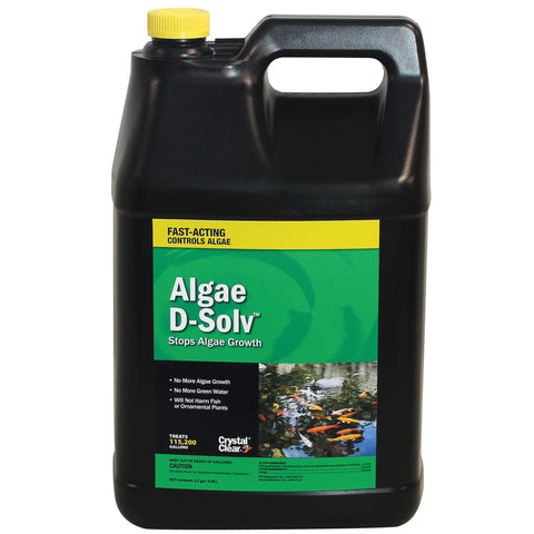 CrystalClear Algae D-Solv bottle pour for fast-acting pond algae control.