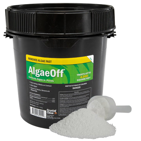 CrystalClear AlgaeOff bottle close-up for quick pond treatment.