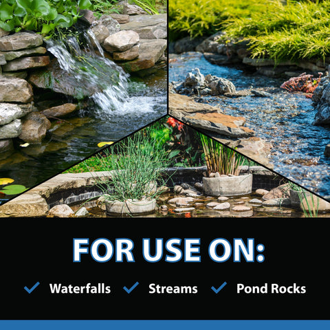 CrystalClear AlgaeOff granules applied to rocks during fountain cleanup.