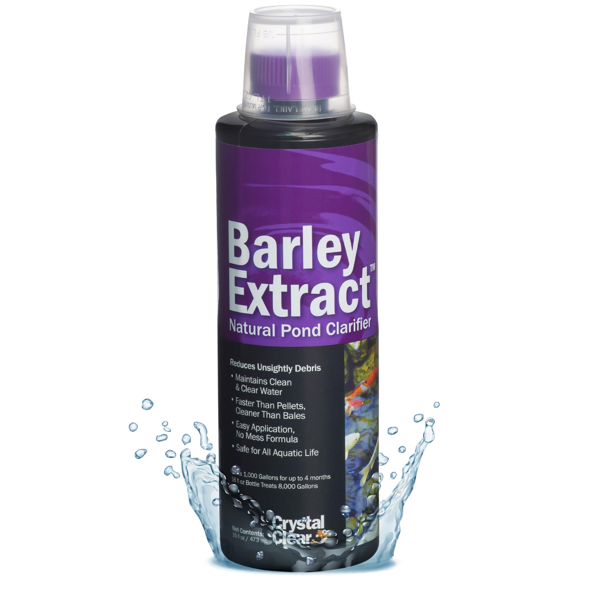 CrystalClear Barley Extract bottle pours into pond water for quicker clarity.