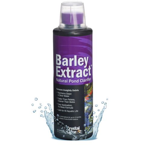 CrystalClear Barley Extract bottle pours into pond water for quicker clarity.