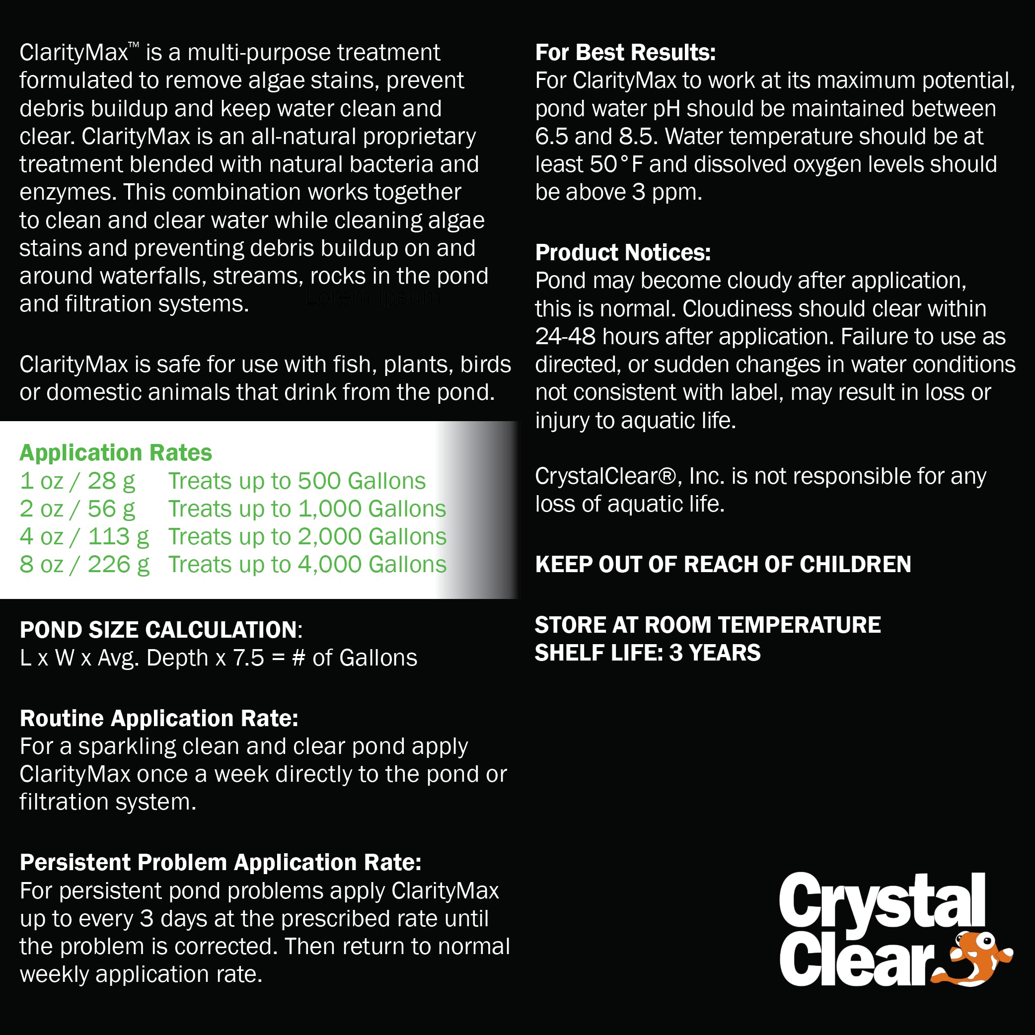 CrystalClear ClarityMax scoop ready for weekly dosing to maintain pond clarity.
