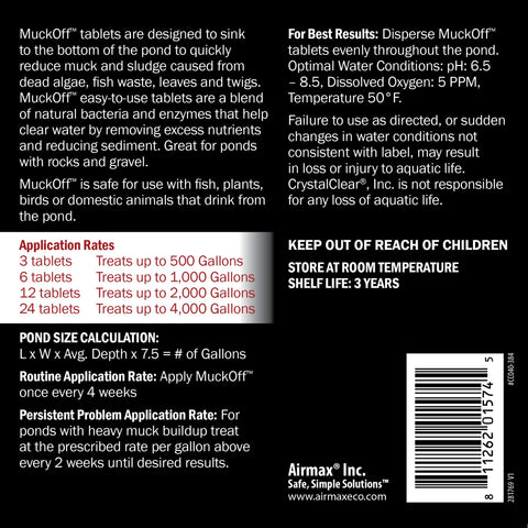 CrystalClear MuckOff tablets dispersing in pond water targeting bottom muck for cleaner sediments.