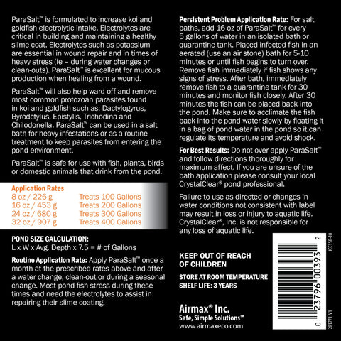 CrystalClear ParaSalt bottle pour demonstrates easy dosing for pond care.