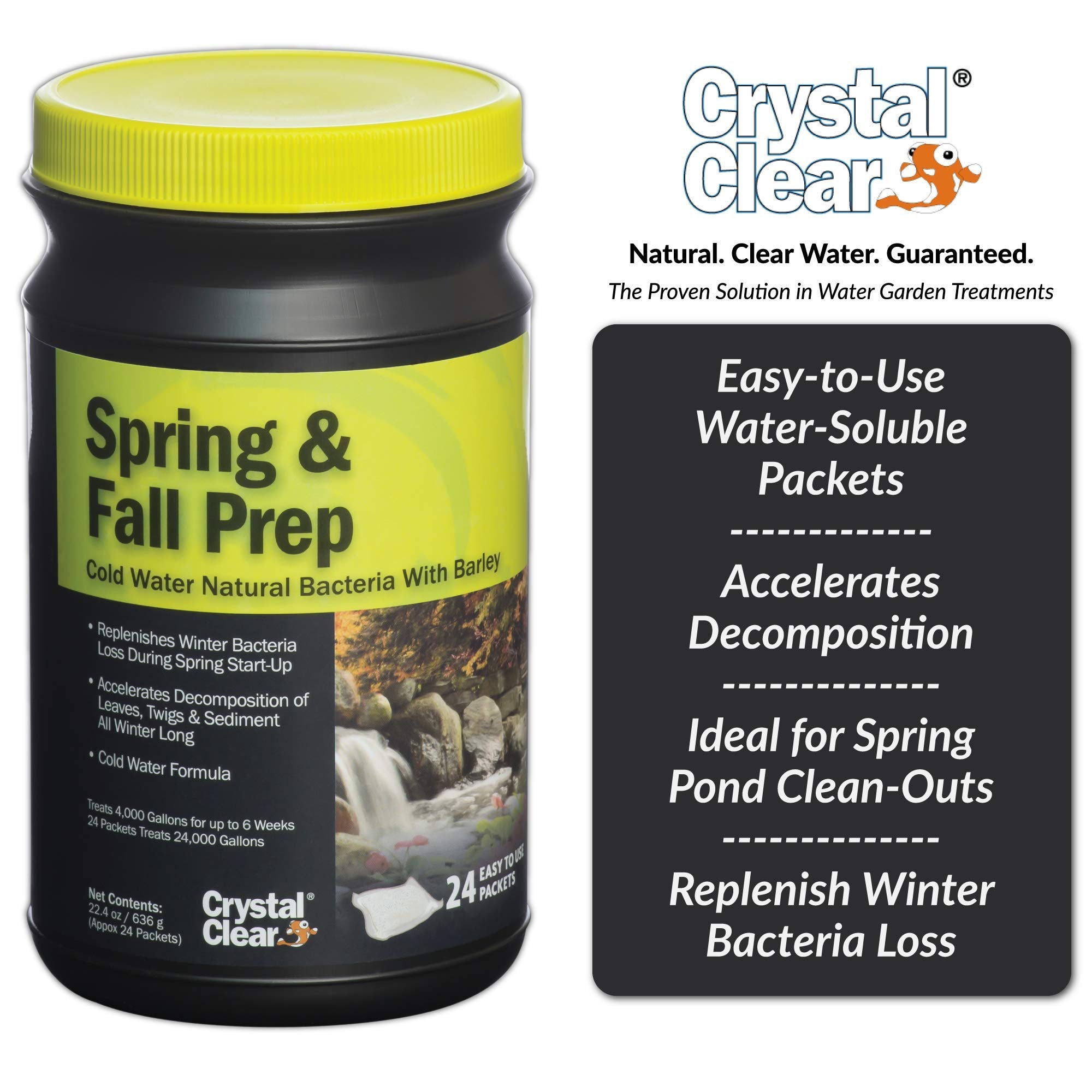 CrystalClear Spring and Fall Prep bottle shown for controlled cold water dosing.