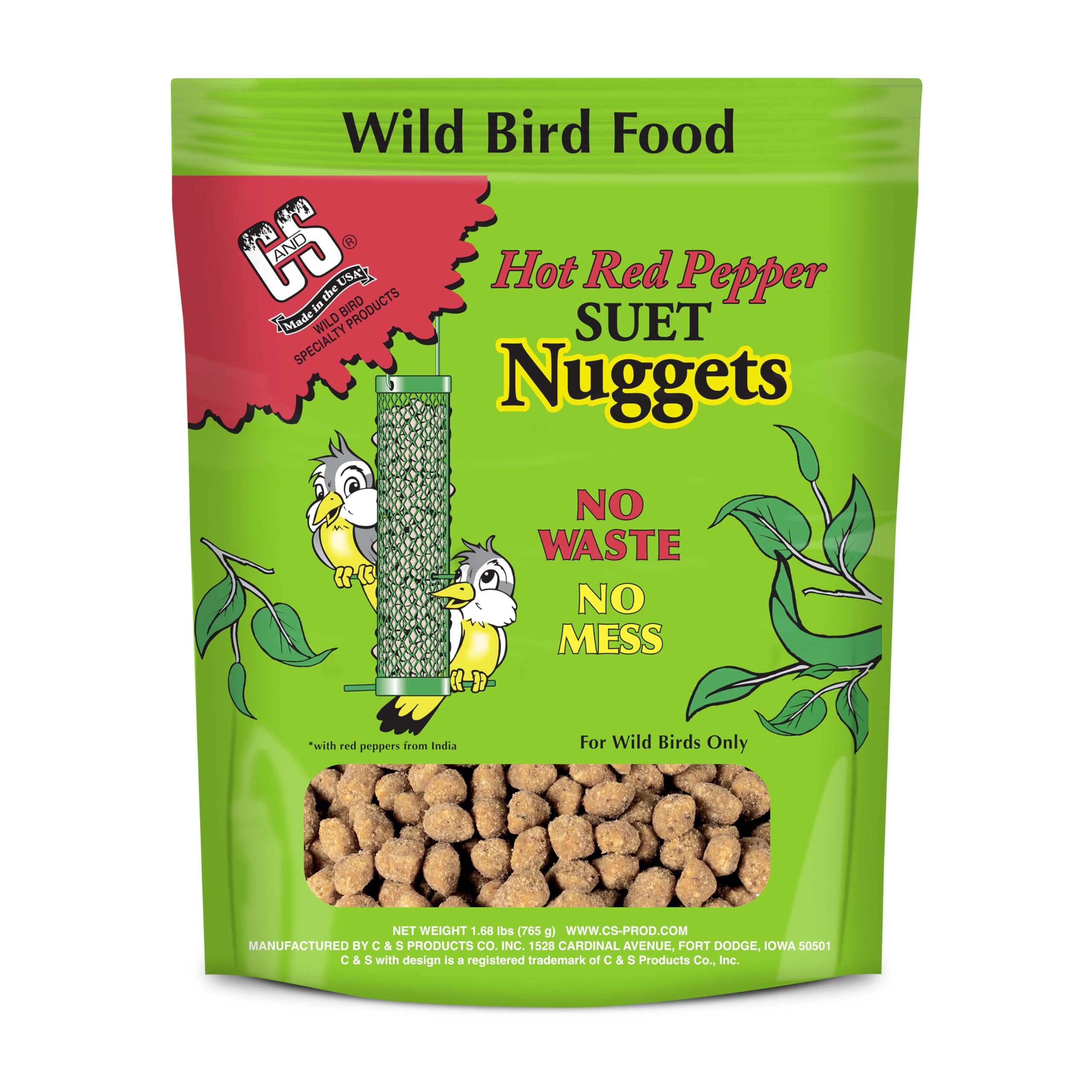 CS Hot Pepper Suet Nuggets packaging with resealable bag keeps freshness and mess minimized.
