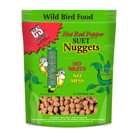 CS Hot Pepper Suet Nuggets packaging with resealable bag keeps freshness and mess minimized.