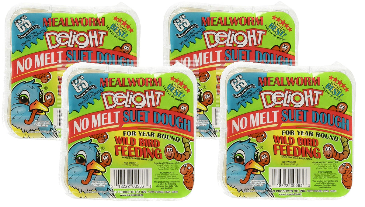 C&amp;S Mealworm Delight No Melt Suet Dough Cake attracts year-round insect-eating birds.